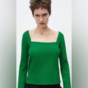 ZARA SQUARE NECK RIBBED SHIRT GREEN‎ LONG SLEEVE TOP LARGE CASUAL BASE LAYER